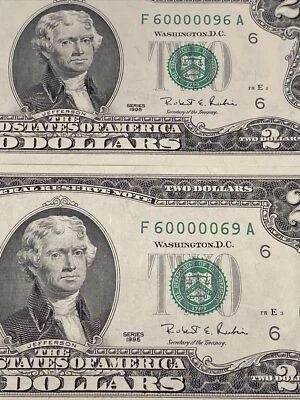 2 1995 Series $2 FRN Bill F60000096A  & 60000069 A Upside down rare dollar bill. - Image 1 of 4