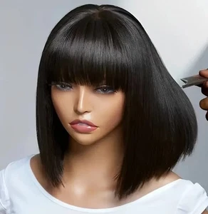 12A BRAZILIAN HUMAN HAIR BOB WIG WITH BANG 10" STRAIGHT BLACK 1B# - Picture 1 of 6