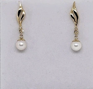 14K Yellow Gold Japanese Akoya 6.6mm Pearl 0.02 CTW Diamond Drop Earrings - Picture 1 of 6