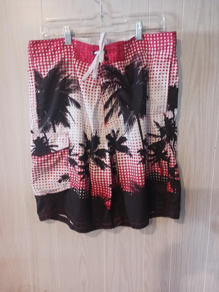 Joe Boxer Swim Trunks Men Sz L 10" Inseam  Black White Red Palm Trees Mesh Lined - Image 1 of 4