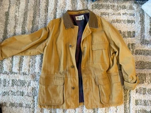 VTG Eddie Bauer Jacket Mens Medium Tan Canvas Barn Coat Corduroy Collar Plaid - Picture 1 of 8