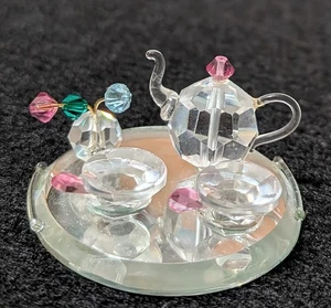Vintage CFL Mini Tea Set on Mirror Serving Tray Crystal Glass Figurine, Ø1.5" - Picture 1 of 4