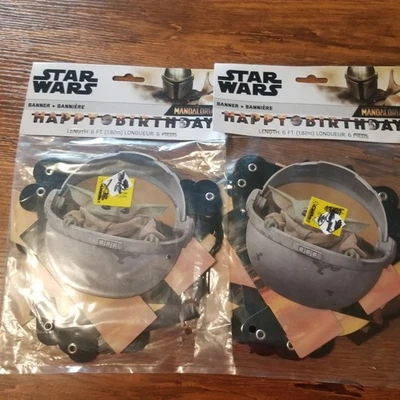 Disney Star Wars The Mandalorian Baby Yoda Happy Birthday Banner 6’ New Lot Of 2 - Image 1 of 4