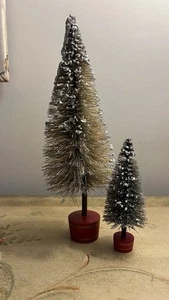 Vtg Bottle Brush Tree lot-2 Snow Flocked Primitive Red Wood Base/Trunk 5”-10.5” - Picture 1 of 17