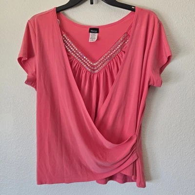 Top envolvente sintético giratorio para mujer XL cuello en V coral Y2k años 90 acanalado coqueta bling hecho en EE. UU. Foto 1 de 4