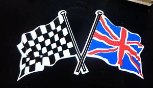 Crossed Union Jack & Chequered Flag Car Bike Stickers 75mm Pair Race Racing Brit - Picture 1 of 1