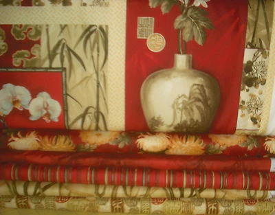 Juego de tela de edredón de jardín de seda South Seas - Panel + 5 FQ - Colorway rojo Foto 1 de 2