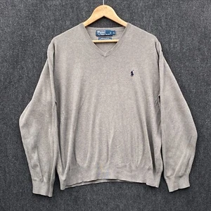 Polo Ralph Lauren Mens Large Pullover Sweater Jumper Grey Pima Knit V-Neck Pony - Picture 1 of 10