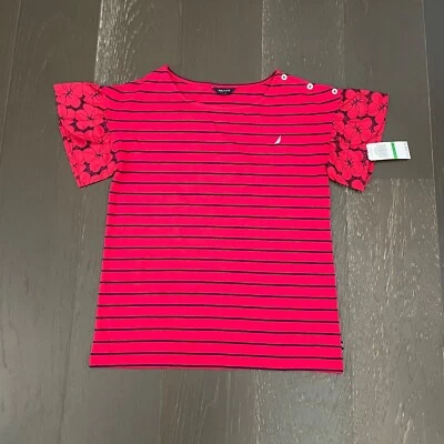 Top Nautica Niñas Grande Rojo Azul Marino Rayas Floral Mangas Mezcla Algodón Informal Foto 1 de 4