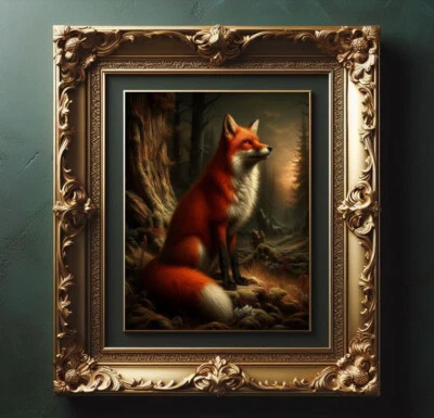 Red fox dark Fantasy Forest, 18th century style, Vintage oil painting art print
