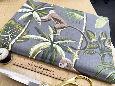 FABRIC REMNANT - Palm Tree & Monkey Print on Grey Canvas Fabric - 1 METRE - Image 1 of 4