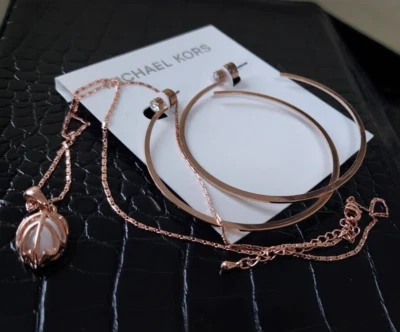 Michael Kors Rose Gold Tone Large Hoop Earrings Bonus Leaf Necklace Crystal NWT - Image 1 of 4