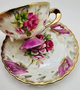 Vintage Japan Pink Rose Gold Iridescent Footed Cup & Open Saucer; Teacup - Picture 1 of 5