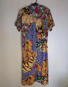Vintage 80s 90s Abstract Patchwork Print Maxi Dress 8 Made in USA 100% Rayon - Picture 1 of 6