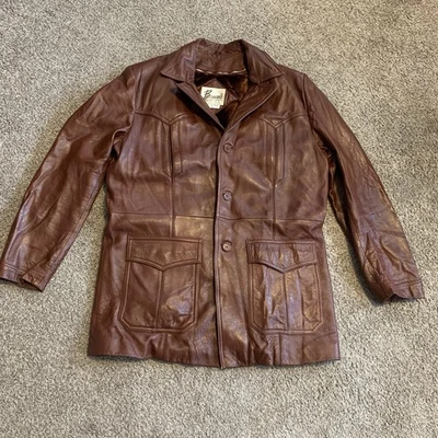 Винтажный 1970-х Berman's кожаное пальто куртка однобортный мужской 46L Groovy стержень - Изображение 1 из 4