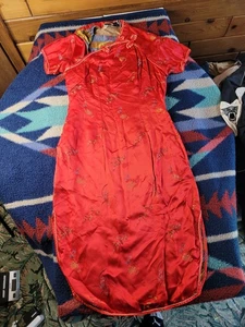 Vintage Peony Brand Red Satin Kimono Size 42 Chinese Floral Embroidered Shanghai - Picture 1 of 9