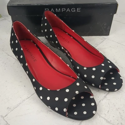 Polka Dot Black And White Peep Toe Wedge Heel Size 8M Rampage NIB Rockabilly - Image 1 of 4
