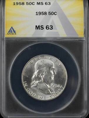 1958 FRANKLIN HALF DOLLAR 50C ANACS MS63 (P0557) - Image 1 of 2