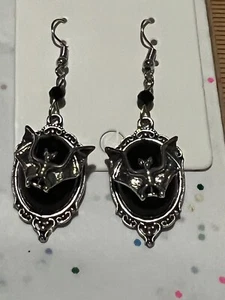 NEW Silver Plated Gothic Bat Earrings with Black Bead 1.5x.5 - Picture 1 of 6