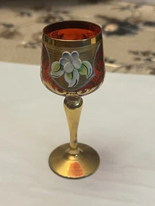 Vintage Czech Bohemian Ruby Red Glass Gold Leaf Floral Shot Glass/dinner Drink - Picture 1 of 15