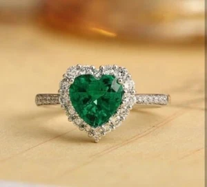 Natürlicher Smaragd-Diamant-Verlobungsring 2,13 kt Herzform 14 kt massives Weißgold - Bild 1 von 7