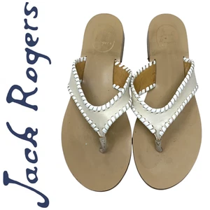 Jack Rogers Ecru & White Leather Thong Sandals Sz 8 Flip Flops Resort Cruise - Picture 1 of 6