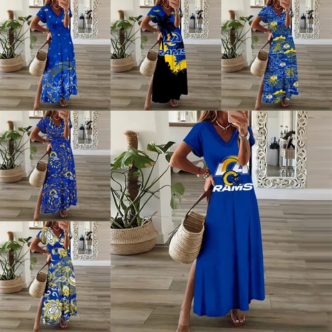 Los Angeles Rams Loose Maxi Dress V Neck Short Sleeve Floral Slit Long Sundress Cover