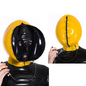 Latex Hood 2 layer Manually Inflatable with Zip Yellow Rubber Mask Fetish 0.4mm - Picture 1 of 5
