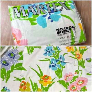 Martex Vintage 70s Bright Colorful Floral Bouquet Twin Flat Sheet New in Package - Picture 1 of 9