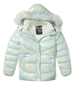 Justice Girls Puffer Jacket Aqua 7/8 Hood Full Zip Pockets Sherpa Lined Warm - Picture 1 of 10