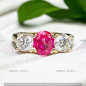 2 CT Round Cut Lab-Created Ruby Three Stone Wedding Ring 14K Yellow Gold Plated - Picture 1 of 7