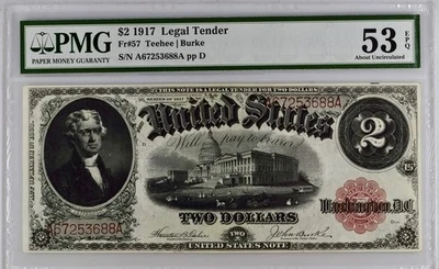 2.00 1917 Legal Tender Note PMG 53 About Uncirculated Nice For The Grade Fr 57 - Image 1 of 4