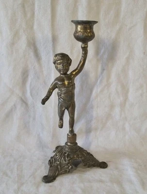 Bougeoir/chandelier chérubin/ange angelot métal doré ancien vintage HT 20,3 cm  - Photo 1/4