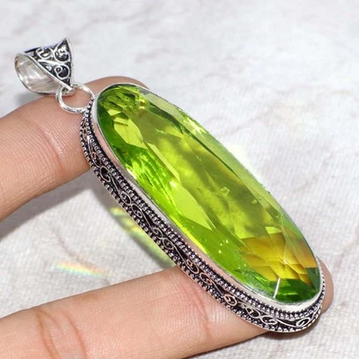 Faceted Peridot 925 Silver Plated Vintage Gemstone Handmade Pendant 3" GW - Image 1 of 3