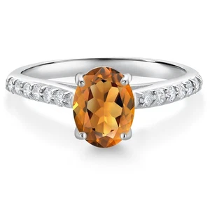 10K White Gold Orange Red Madeira Citrine and White Lab Grown Diamond - Picture 1 of 4