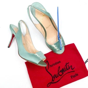 Christian Louboutin Slingback Heels Mint Satin Sandals Lace-Up Detail 38 / 8 US - Picture 1 of 12