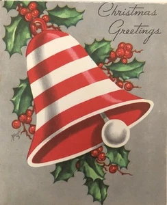 Vintage Christmas Card Pretty Candy Cane Striped Bell Holly Berries HAWTHORN & S - Picture 1 of 3