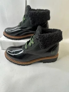 CAT Footwear 'Hub Fur'Black Patent/Nubuck Leather Fur Cuff Boot Womans/Youth Sz4 - Picture 1 of 5