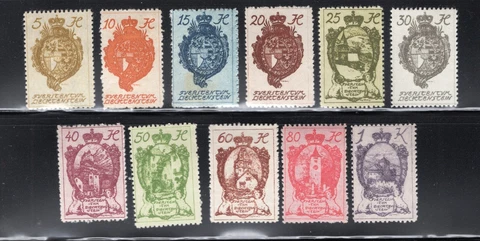 Liechtenstein 1920 5h to 1k, Scott 32-42 MH, value = $4.20 Cover