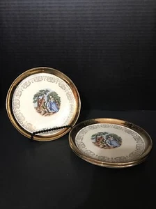 3 Sabin Crest O Gold 22 K, Courting Couple Plates w/ Gold Floral 6 1/4” Vintage - Picture 1 of 4