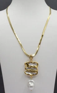White Keshi Pearl Gold Plated Chain Necklace Biwa Pearl Pendant Simple Necklace - Picture 1 of 8