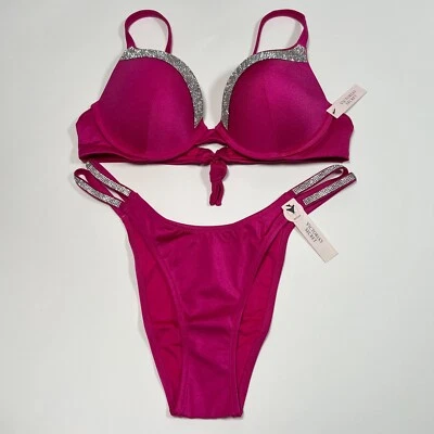 Victoria Secret 34B M VERY SEXY Push Up Bikini Top Set Shine Strap Berry Blush - Image 1 of 4