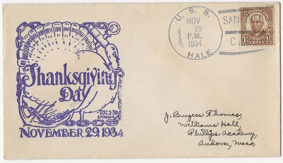 U.S.S.HALE SHIPS COVER NOV. 29 1934 CACHET    Thanksgiving Day 1934 - Image 1 of 1