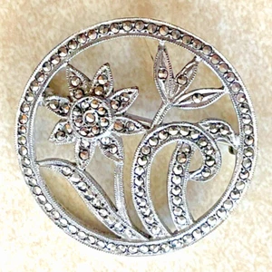 Vintage Marcasite Flower Motif Brooch Pin Sterling Silver Beautiful - Picture 1 of 3