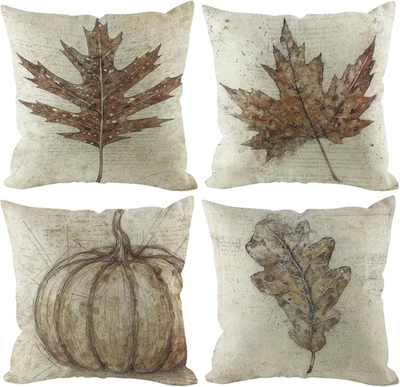 Juego de 4 fundas de almohada de calabaza de otoño 18x18, lino otoño exterior Acción de Gracias Har Foto 1 de 4