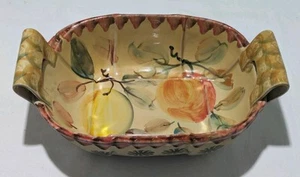 Dish Casserole Hand Painted Italy Floral Fruit Ceramic Bowl Double Handle VTG - Picture 1 of 12