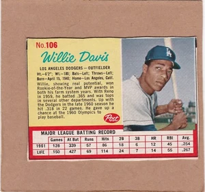 1962 Post #106 Willie Davis Los Angeles Dodgers..Crease Free....VG+.....SEE SCAN - Picture 1 of 2