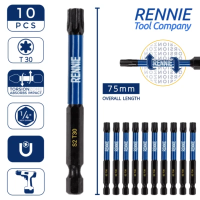 10 x T30 Torx 75mm Long Magnetic Impact Duty Screwdriver Drill Driver Bits TX30 - Image 1 of 4