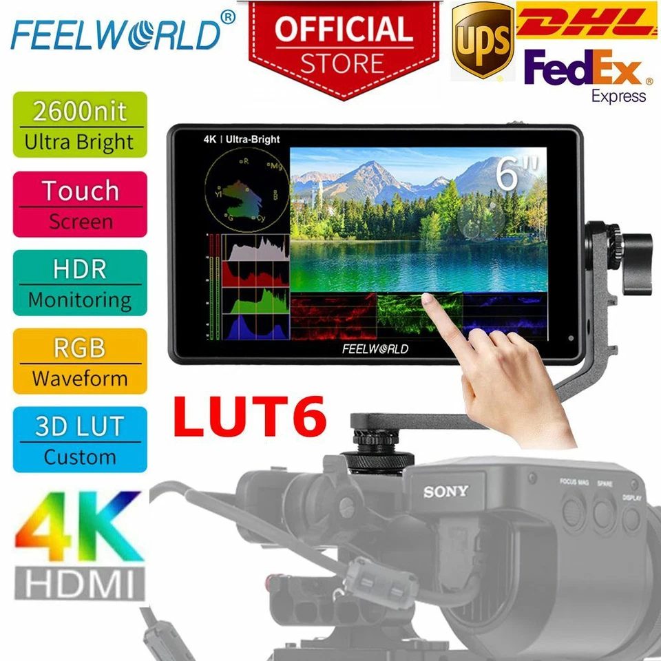 DHL FEELWORLD LUT6  6" 2600nits HDR/3D LUT HDMI Field Monitor 4K for DSLR Camera - Image 1 of 4