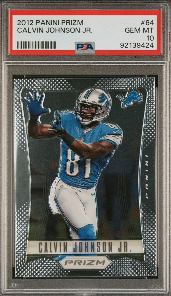 Graded 2012 Panini Prizm Calvin Johnson #64 First Prizm Football Card PSA 10 Gem - Image 1 of 2